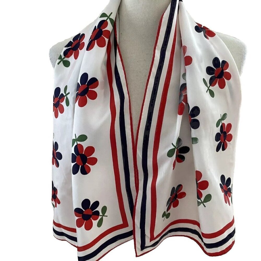 Vintage Estate Floral Print Scarf Mod 60s Made in Japan Red Blue Acetate 15X43”